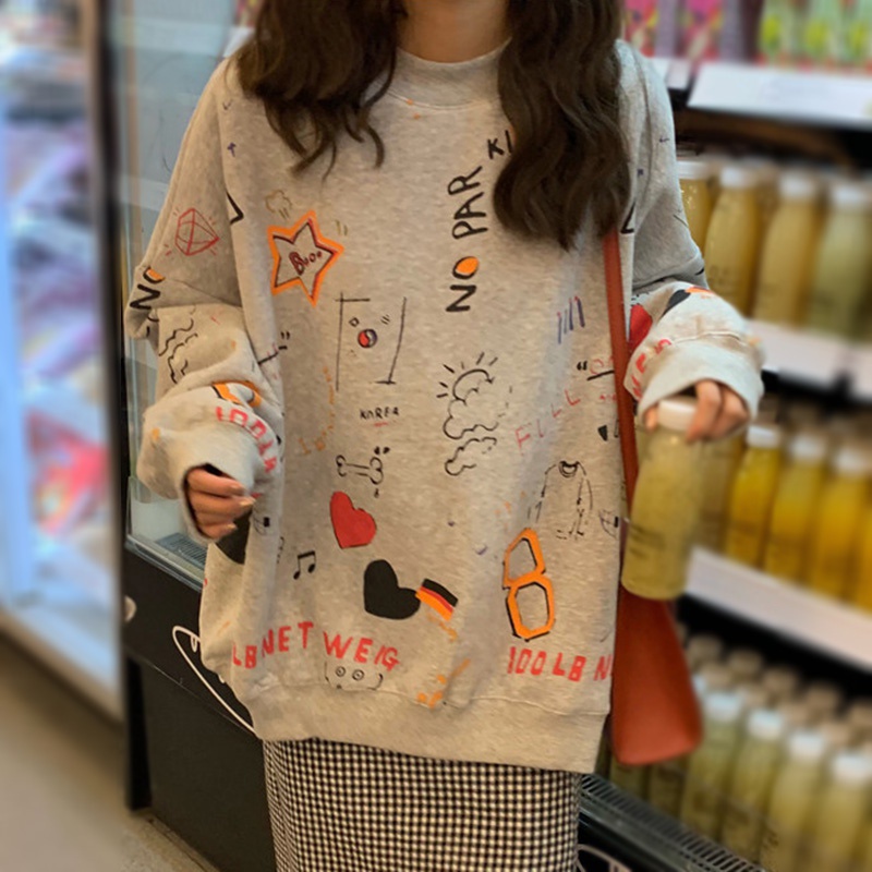 Áo Sweater Dáng Rộng In Họa Tiết Graffiti Kiểu Hàn Quốc Xinh Xắn Dành Cho Nữ