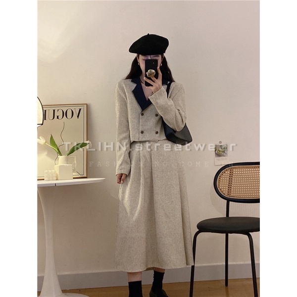 TKLIHN Set váy VEST ulzzang tiểu thư Sang Chảnh 2022 Áo khoác BLAZER crotop + chân váy đai HOT TREND