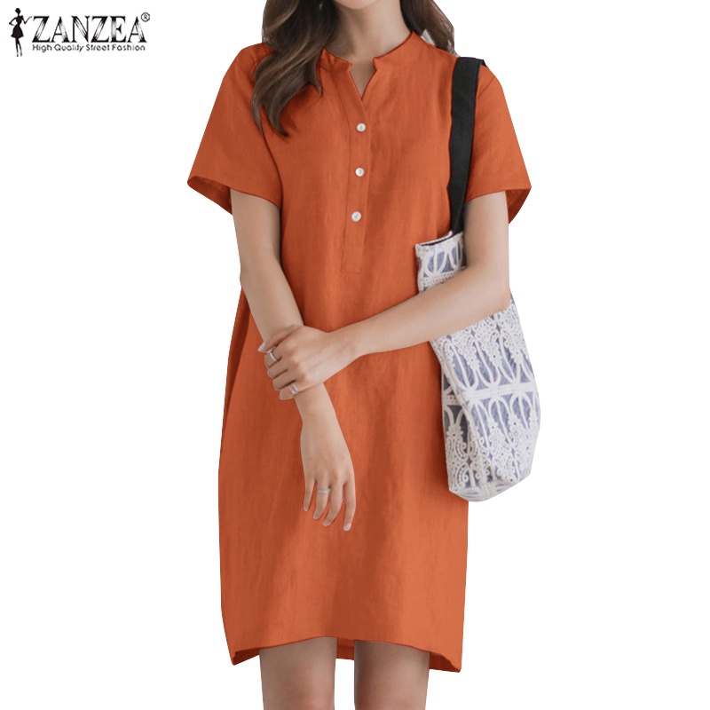 Zanzea Đầm ôm Ngắn Tay Cổ Tròn Form Rộng Màu Trơn Thời Trang