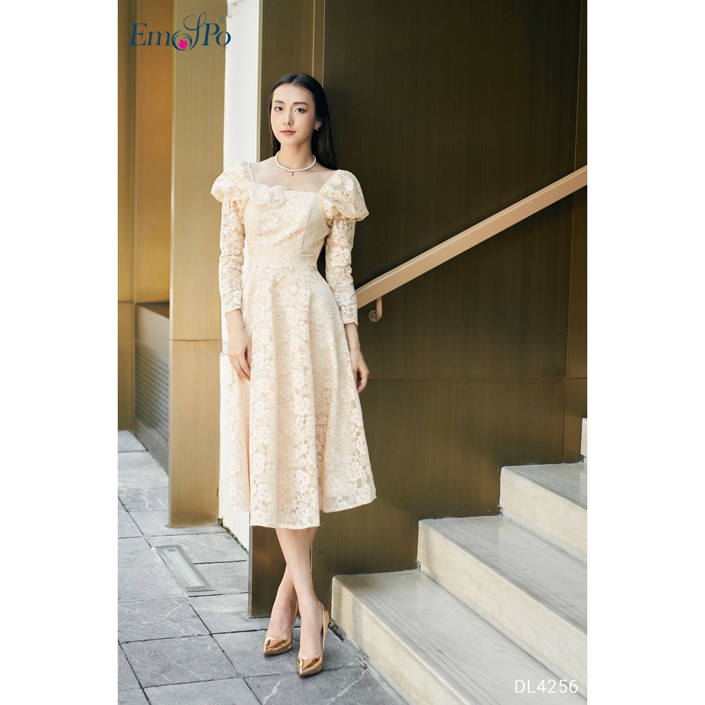 Đầm ren xòe Emspo vai bồng, kéo khóa sau DL4256