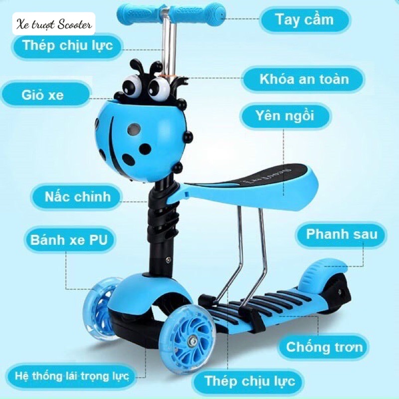 Xe trượt Scooter hình con bọ 3 trong 1 cho bé thỏa sức vận động có màu cho bé trai và bé gái