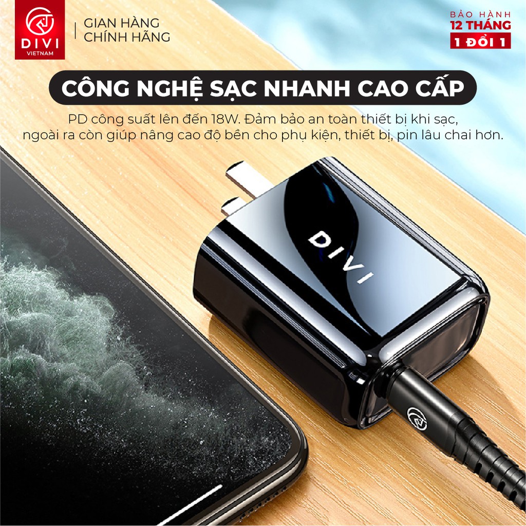 Củ sạc nhanh DIVI P2207 - Sạc nhanh PD, QC 3.0 Công suất 18W Cổng Type C - Hàng chính hãng -  Bảo hành 12 tháng 1 đổi 1