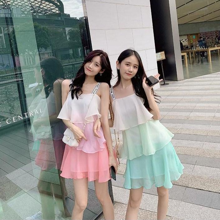 Đầm xếp tầng hai dây IELGY màu gradient phong cách Hàn Quốc thời trang mùa hè cho nữ