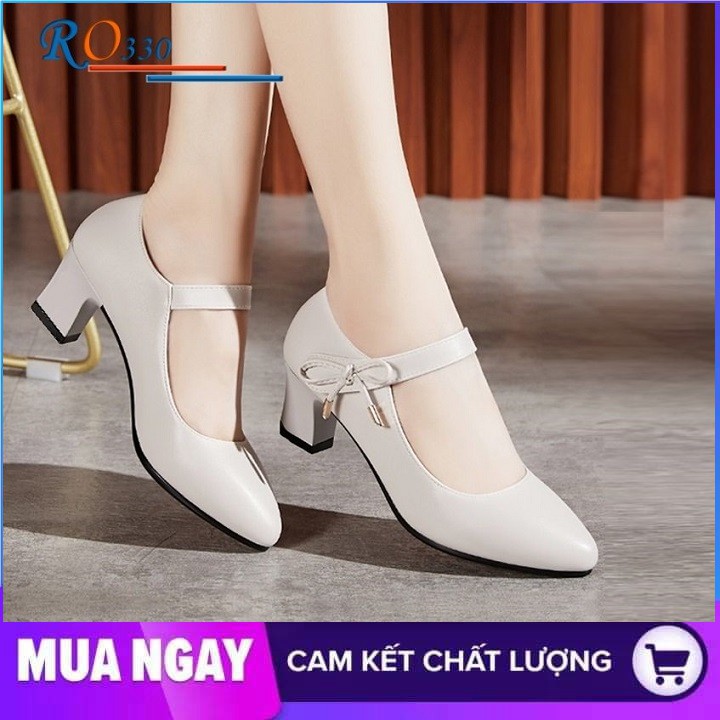 Giày cao gót nữ đẹp đế vuông 5cm hàng hiệu rosata ba màu đen đỏ kem ro330