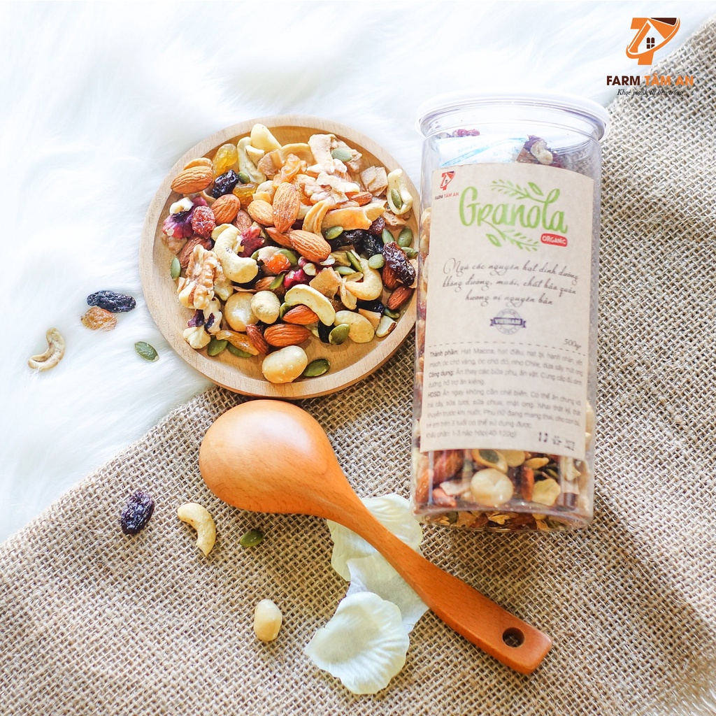 Granola siêu hạt ít yến mạch Farm Tâm An, Ngũ cốc dinh dưỡng ăn kiêng giảm cân, Hạt macca, Óc chó, Điều, Bí, Hạnh nhân