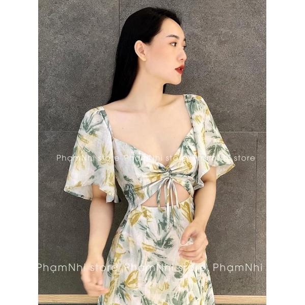 HÌNH THẬT - Đầm hoa đan dây ngực khoét eo tay tiên