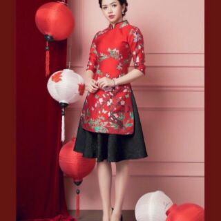 Set áo gấm cổ tàu và chân váy