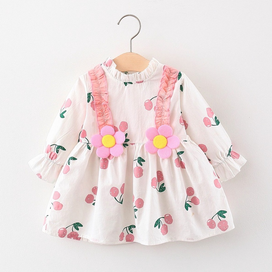 Đầm Hoa Bé Gái Dài Tay, Họa Tiết Qủa Chery, Phom Xòe, Chất Cotton Thô