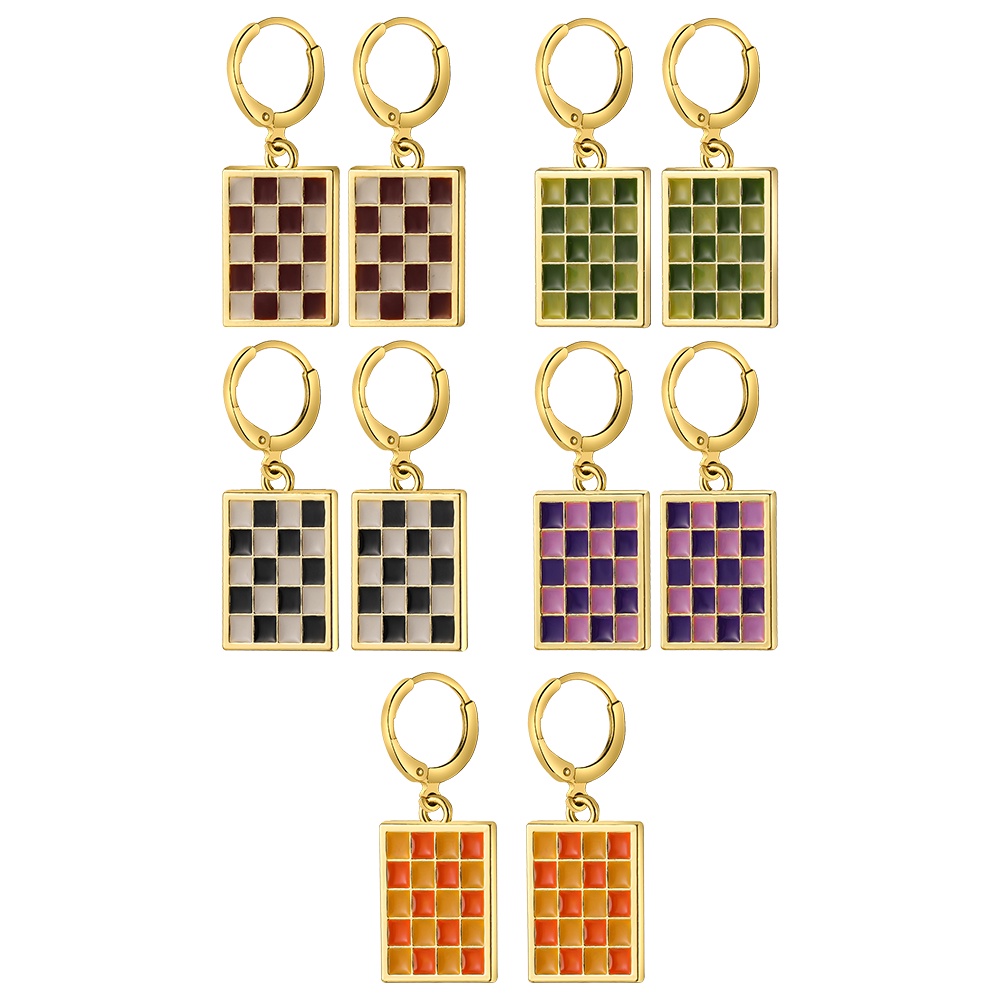 iF YOU Bông tai hình ổ khóa trái tim họa tiết caro màu vàng thời trang