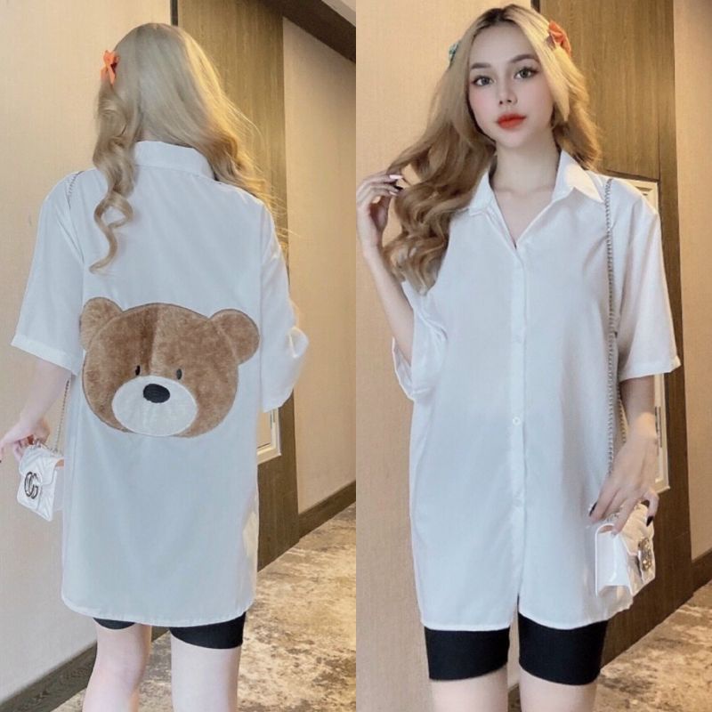 Áo sơ mi nữ form dài rộng thêu hình gấu nổi mặt trước,mặt sau chất kate thoáng mát nhiều màu thời trang hàn