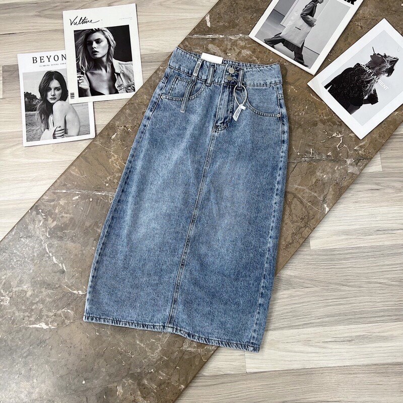 Chân váy bò xẻ sau váy jean dáng dài Gấu Store92