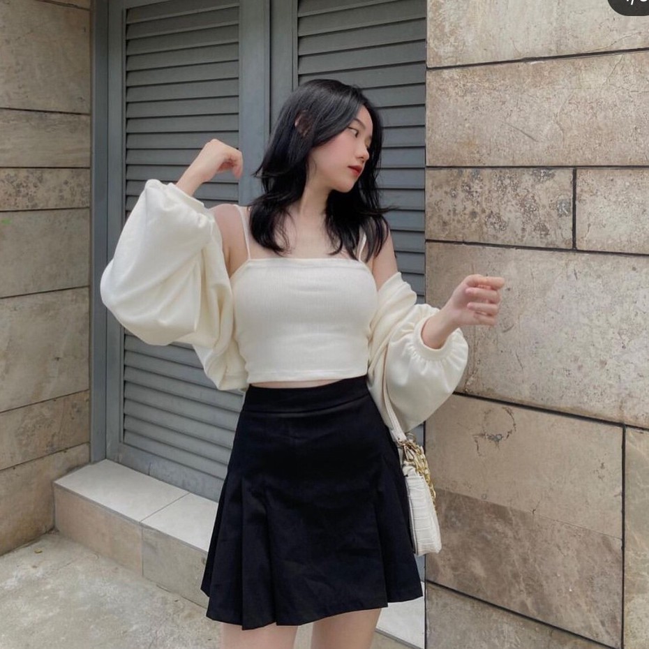 Set váy 3 món hot hit chân váy xếp ly + áo 2 dây + áo cardigan cực xinh | BigBuy360 - bigbuy360.vn