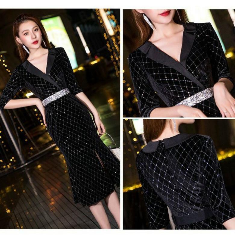 XQT Hàng nhập - Đầm dáng ôm nhung kim tuyến họa tiết lưới, váy body dự tiệc cổ vest