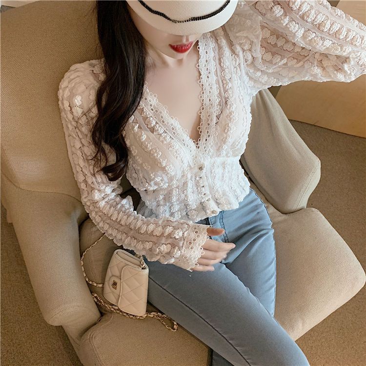 Áo Ren Rỗng Tay Dài Cổ Chữ V Dáng Ôm Phong Cách Phương Tây Dễ Phối Đồ Cho Nữ