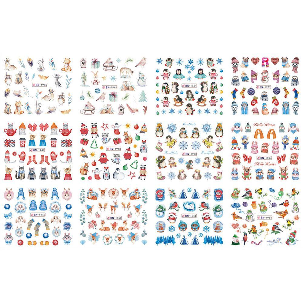 Bộ 12 Miếng Dán Móng Tay Hình Chim Cáo / Chim Cáo / Chim Cánh Cụt Kiểu Giáng Sinh Dễ Thương