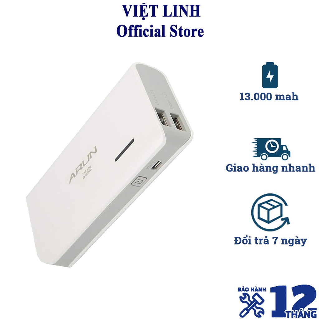 Pin dự phòng Arun 13000mah Y625, 2 đầu USB sạc dự phòng chính hãng, có đèn Led - Bảo hành 1 tháng