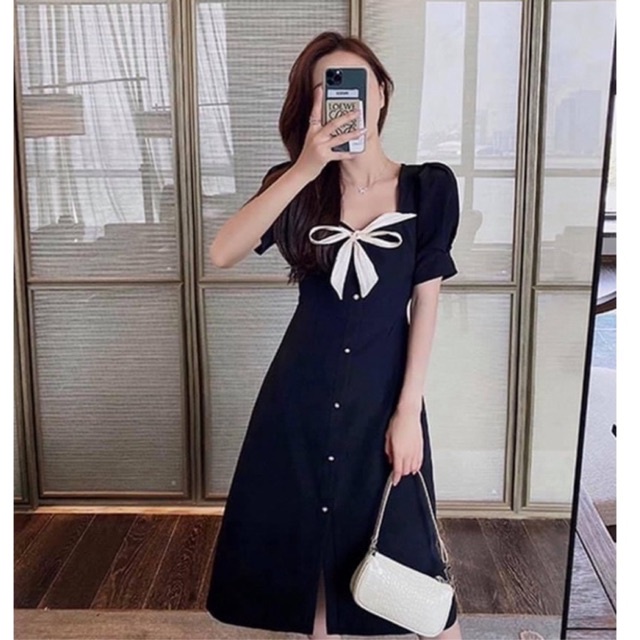 Đầm cổ vuông tiểu thư đen phối nơ cổ