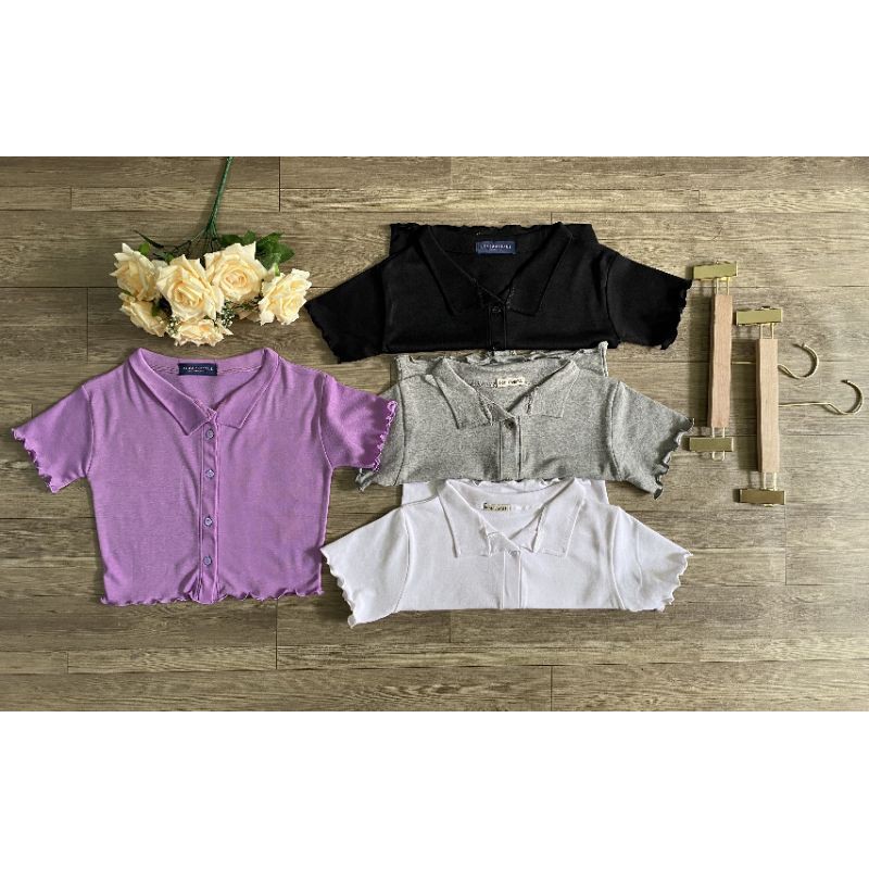Áo Thun Croptop Cuốn Viền Cổ Bẻ
