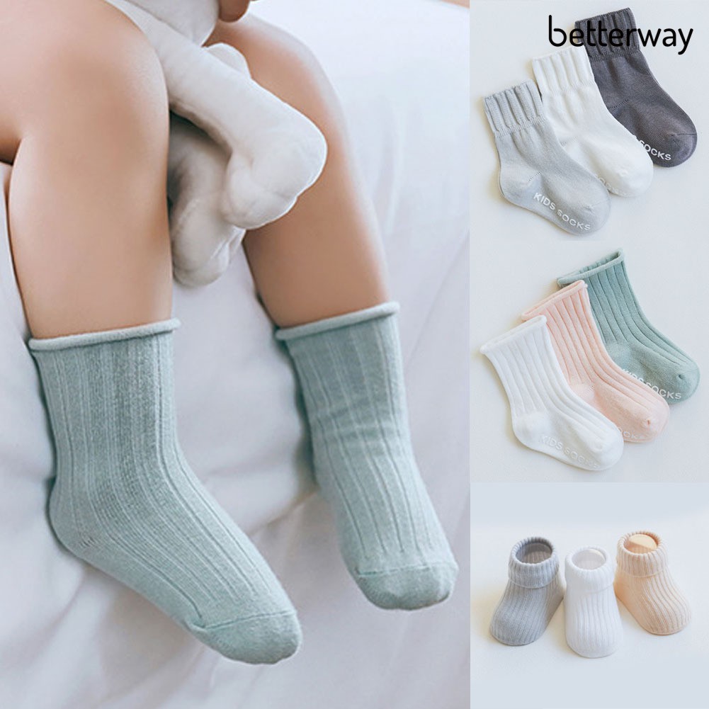 Set 3 Đôi Vớ Cotton Co Giãn Thoáng Khí Màu Sắc Trơn Chống Trượt Cho Bé Trai Và Gái