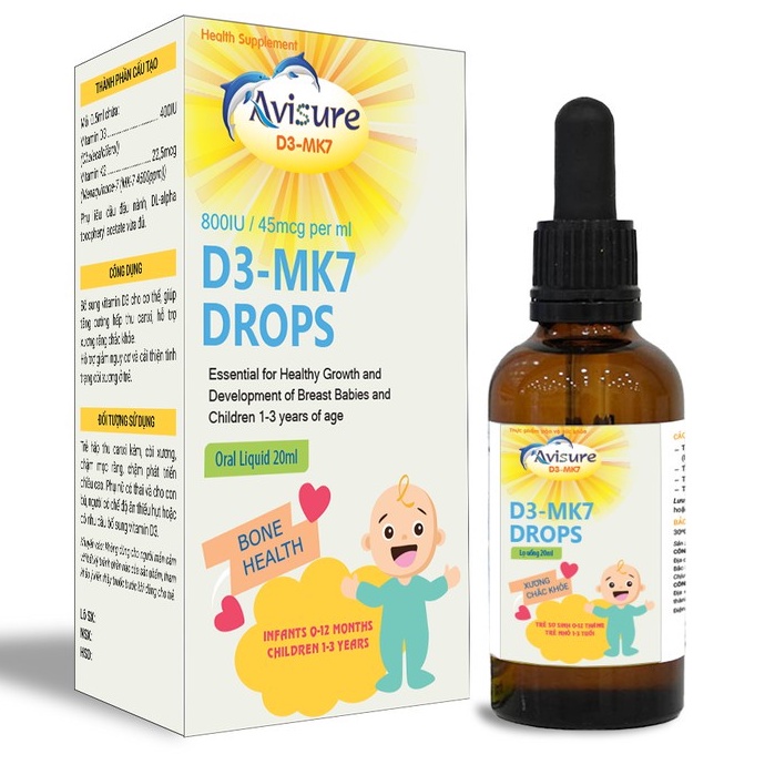 AVISURE D3-MK7 – Canxi D3 nhỏ giọt cho trẻ sơ sinh giúp tăng cường hấp thu canxi, giảm còi xương ở trẻ (20 ml)