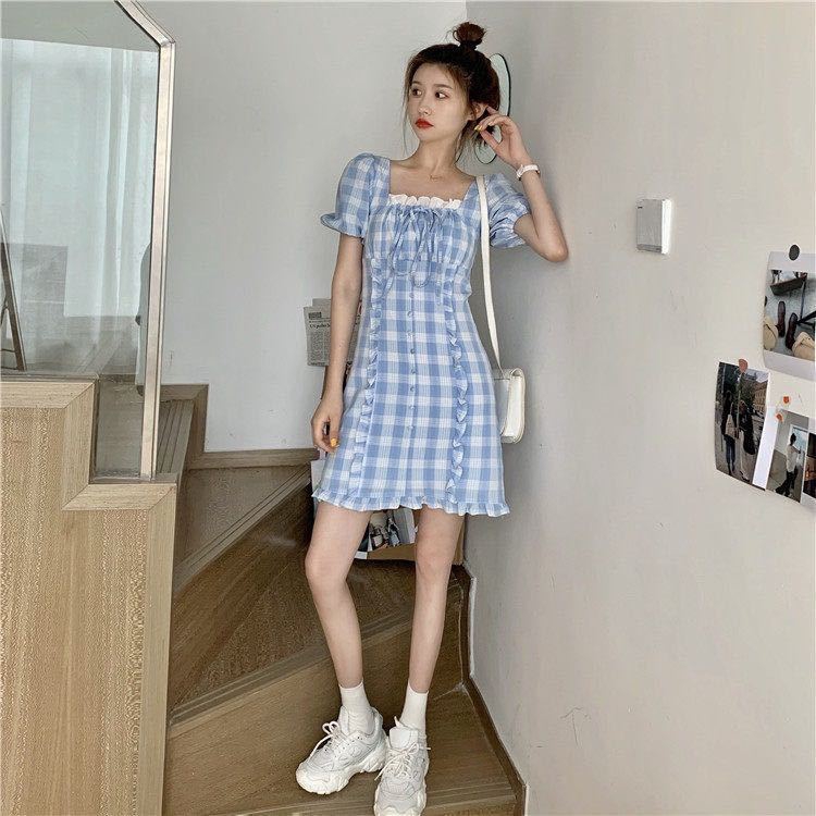 Đầm Tay Phồng Họa Tiết Sọc Caro Ôm Eo Thời Trang Mùa Hè Kiểu Pháp Dành Cho Nữ | BigBuy360 - bigbuy360.vn