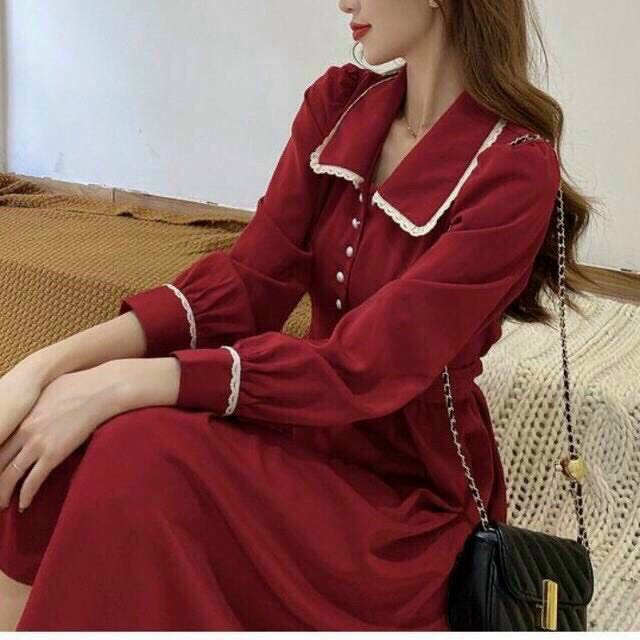[ Miễn phí ship 2022 ] Váy vintage tiểu thư dáng dài, đầm dáng xuông kiểu sơ mi tay dài đính nút sang chảnh