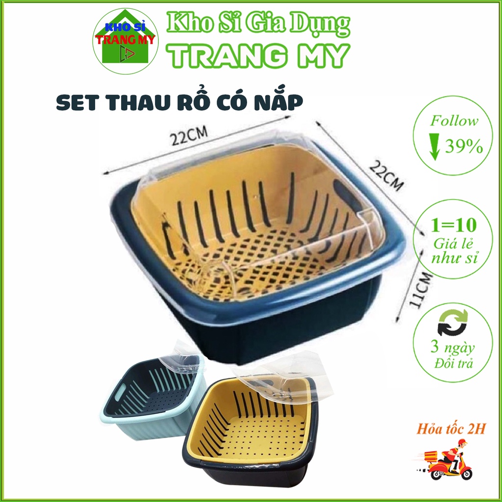 Combo Thau Rổ Nhựa Có Nắp Thích Hợp Bào Quản Thức Ăn, Bộ Chậu Rá Kèm Nắp Thông Minh Tiên Dụng