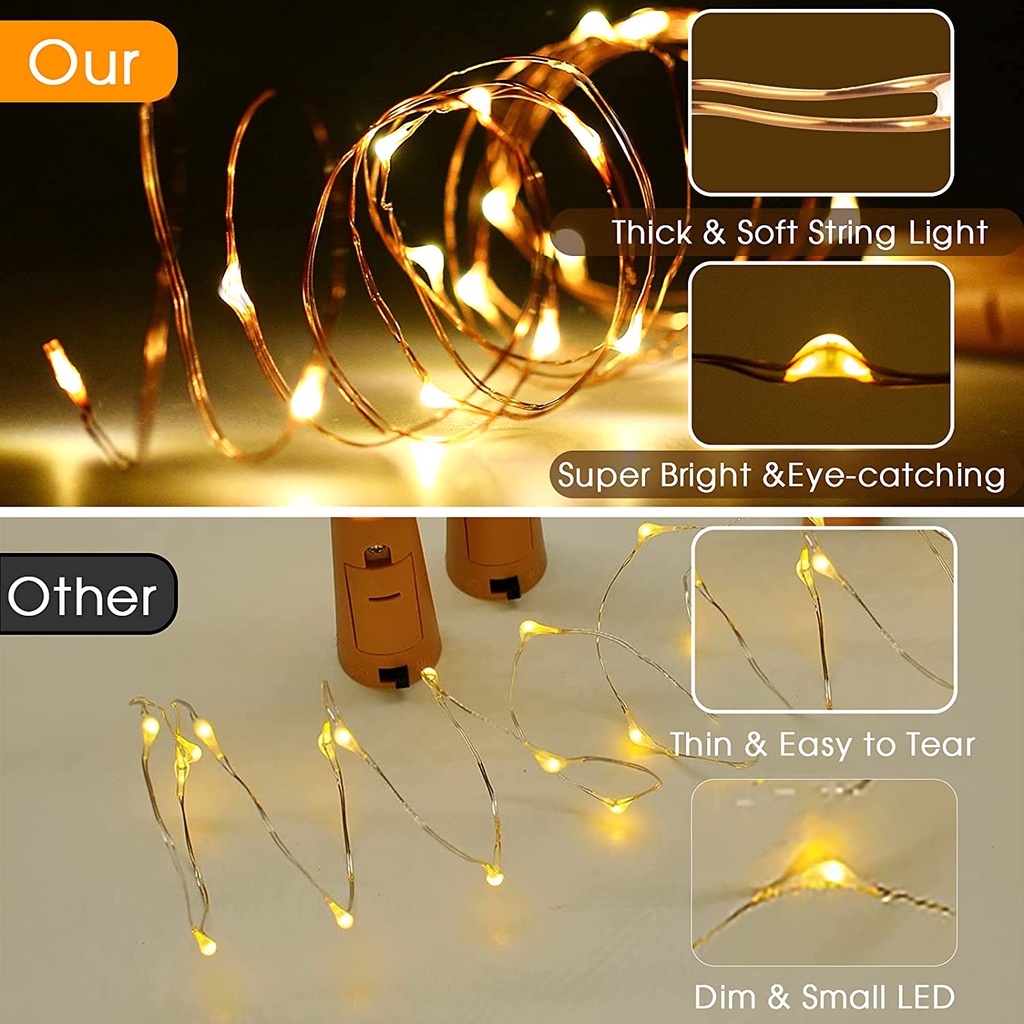 Đèn chai rượu bằng nút chai ánh sáng đầy sao chạy bằng pin  2M 20 LED dây đồng bạc hình nút chai dùng để trang trí tiệc giáng sinh tiệc cưới Halloween màu trắng ấm áp