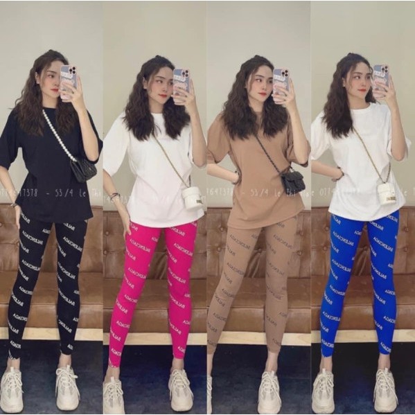 SIÊU HÓT Set đồ quần dài ôm body in chữ kết họp áo thun trơn form rộng, làm tôn dáng cho phái đẹp, giúp chân dài và sexy