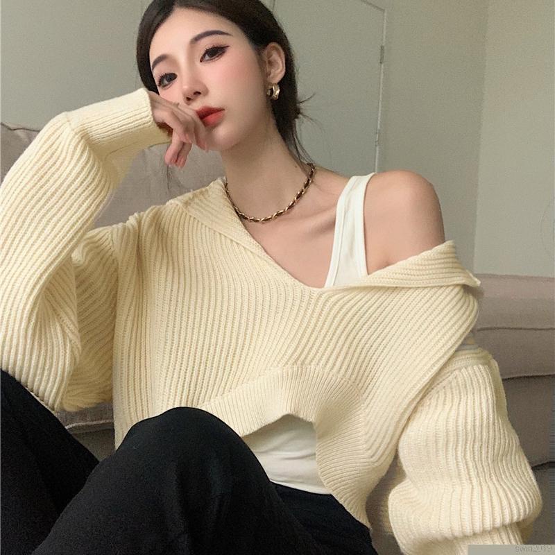 Áo Croptop dệt kim tay dài dáng rộng thoải mái phong cách thời trang