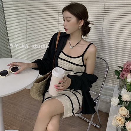 Đầm dệt kim NZN dáng rộng kẻ sọc phong cách Pháp xinh xắn cho nữ