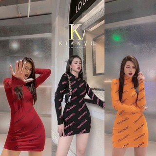 [HÌNH_THẬT_CUỐI] Đầm body cổ lọ ngắn tay dài in chữ