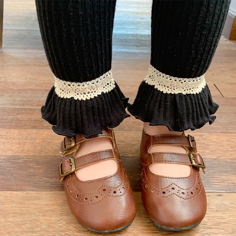 Quần legging màu trơn phối ren xinh xắn thời trang mùa thu theo phong cách hàn quốc cho bé gái