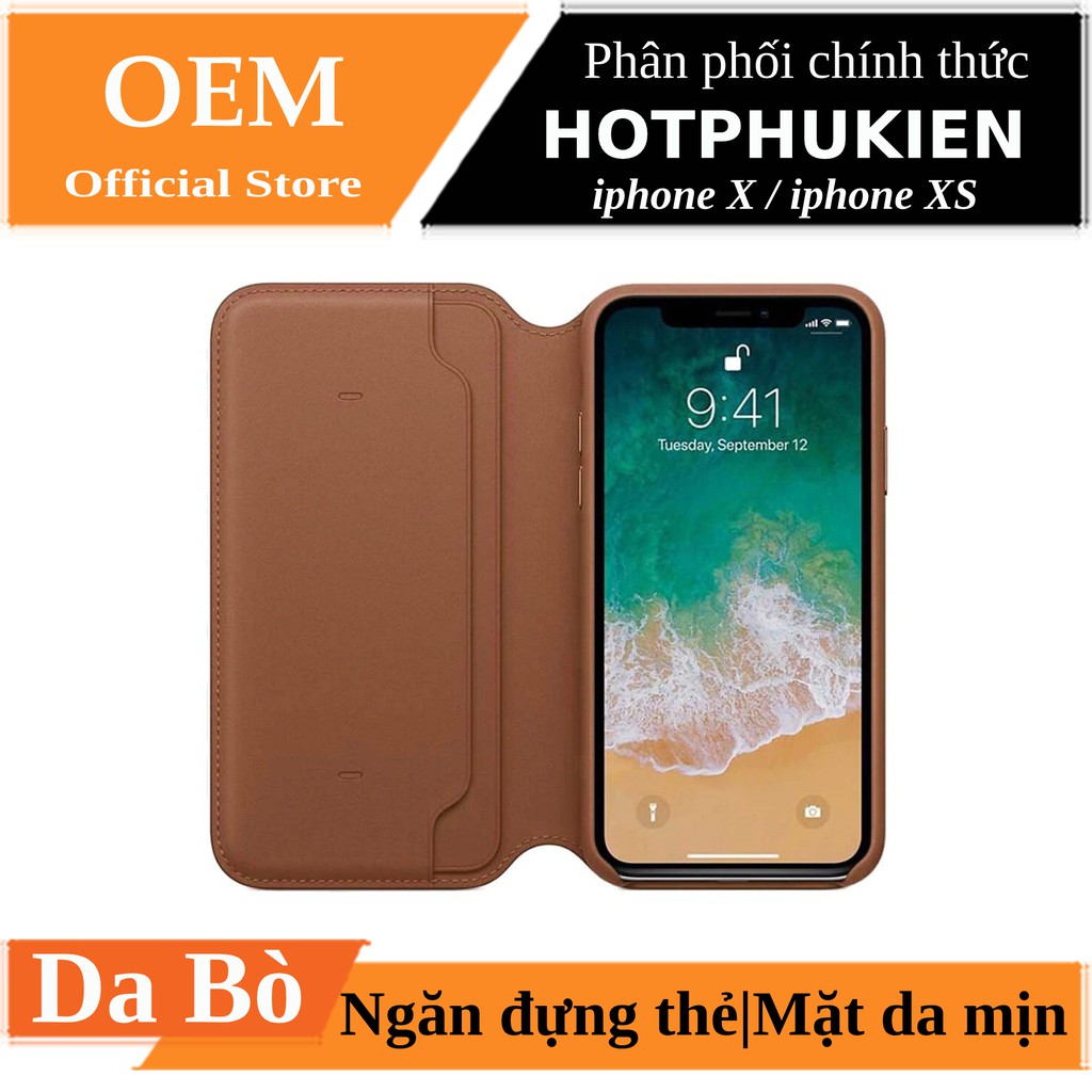 Bao da Leather Folio Apple dành cho iPhone X / Xs có ngăn đựng thẻ tự động tắt mở màn hình - hàng chính hãng