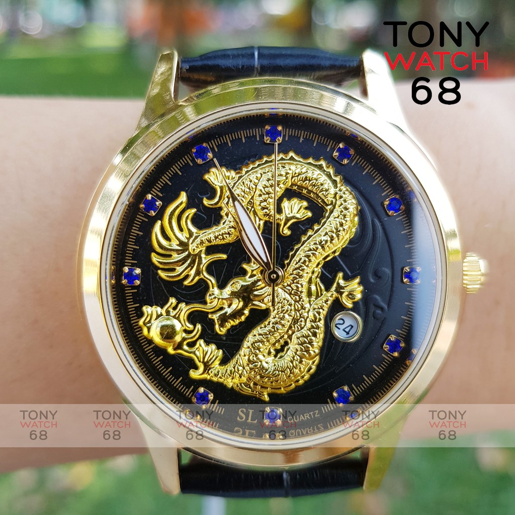 Đồng hồ nam SL dây da mặt rồng nổi mạ vàng đá xanh đỏ có lịch quyền lực chính hãng Tony Watch