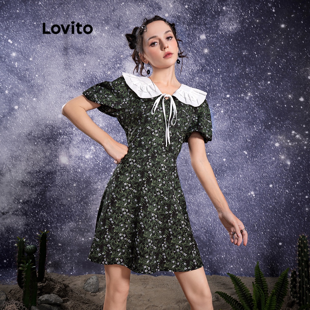 106DP-Lovito STAR GIRL Dễ thương hoa ren lên viền váy nữ L32AE028 (Đen)