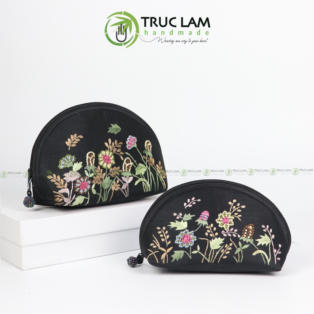 Ví Cầm Tay Nữ Ví Sò Vải Tafta Họa Tiết Hoa Cỏ Thêu Tay 2 Mặt Set 2 Chiếc - Trúc Lâm Handmade