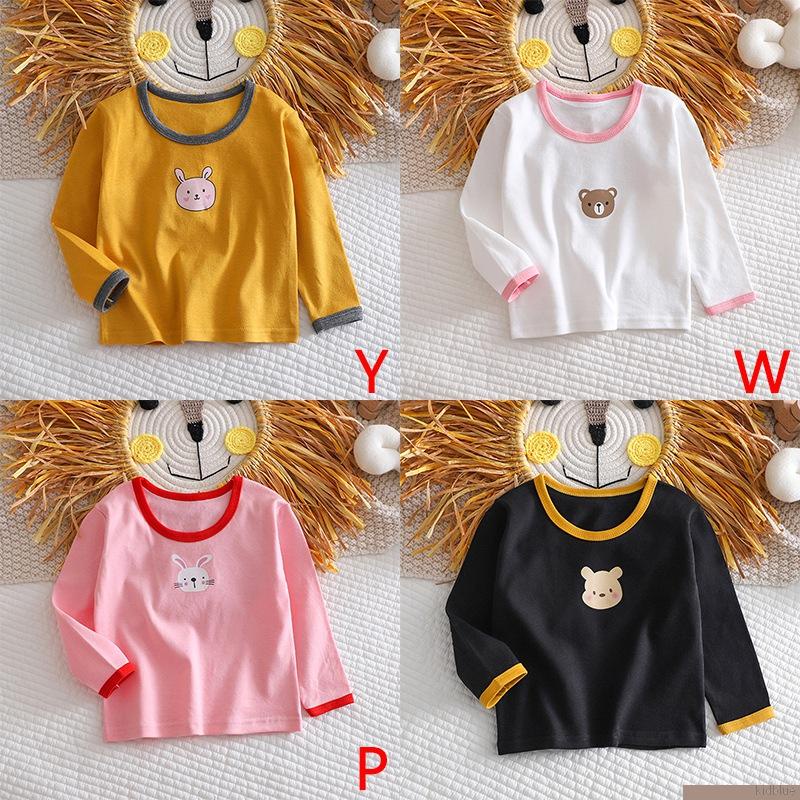 Áo thun cotton tay dài cổ tròn in hình gấu hoạt hình cơ bản dành cho trẻ em 0-5 tuổi