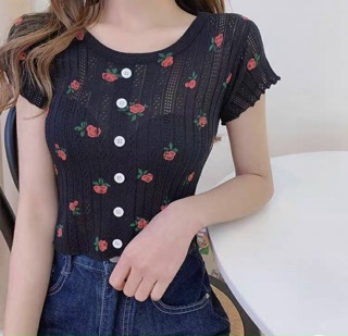 Áo croptop nút giả hoa hồng chất thun gân - B5UA0