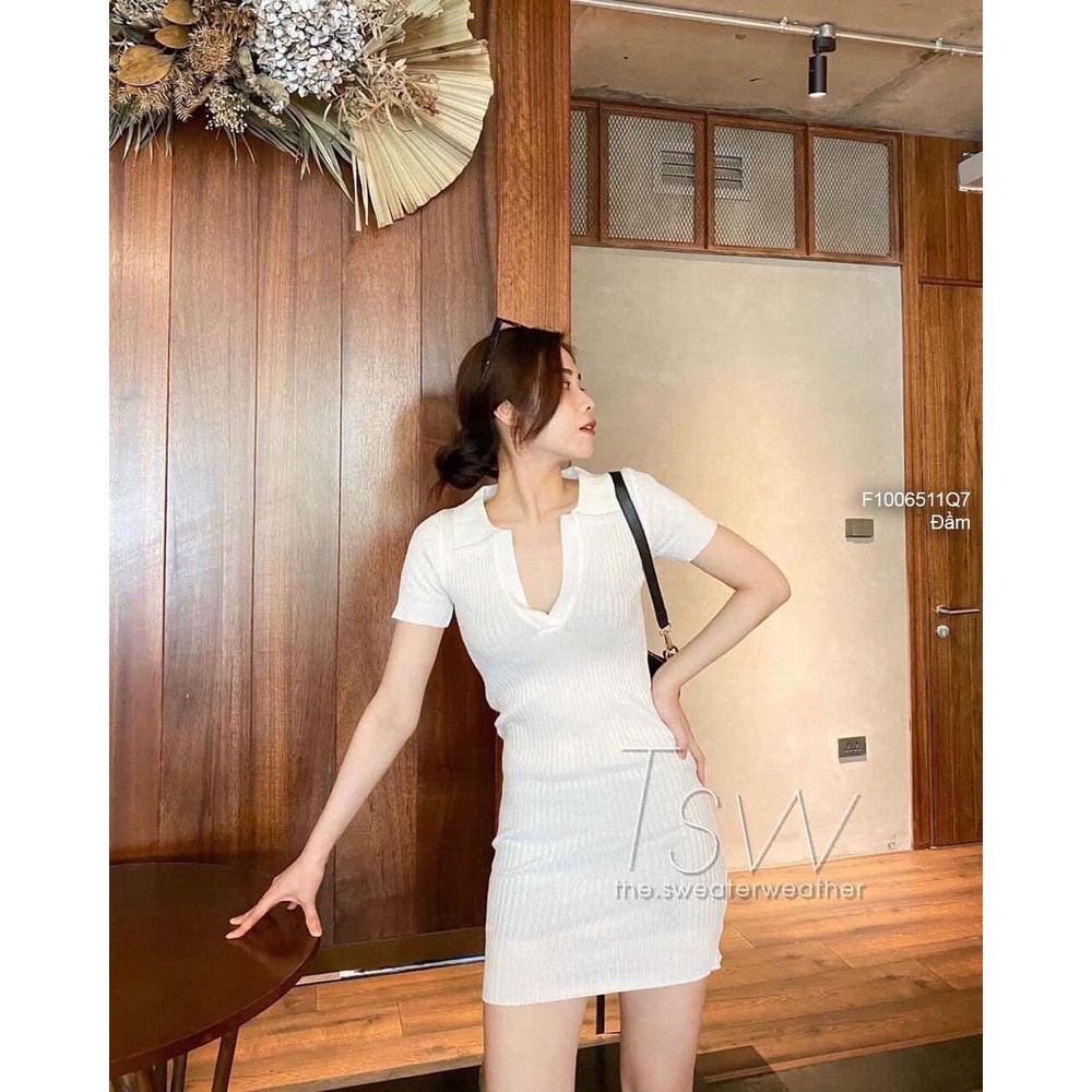 Đầm ôm body len polo cổ tim bẻ tay con hàng QC!