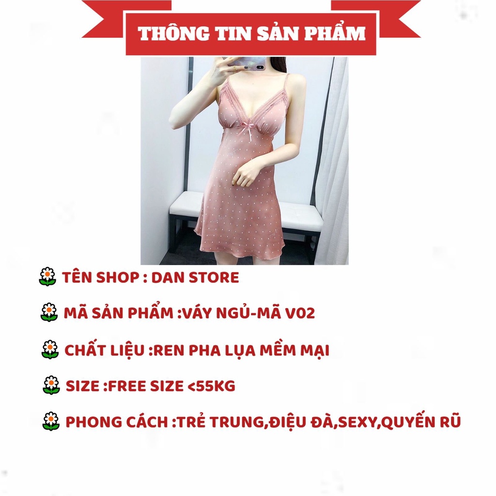 Váy Ngủ Nữ - Váy Ngủ Nữ Hai Dây chấm bi nhỏ phối ren ngực kèm họa tiết nơ MÃ V02