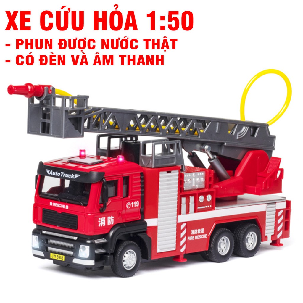 Xe cứu hỏa có thang rút có âm thanh và đèn xe bằng hợp kim và nhựa phun được nước thật mô hình 1:50