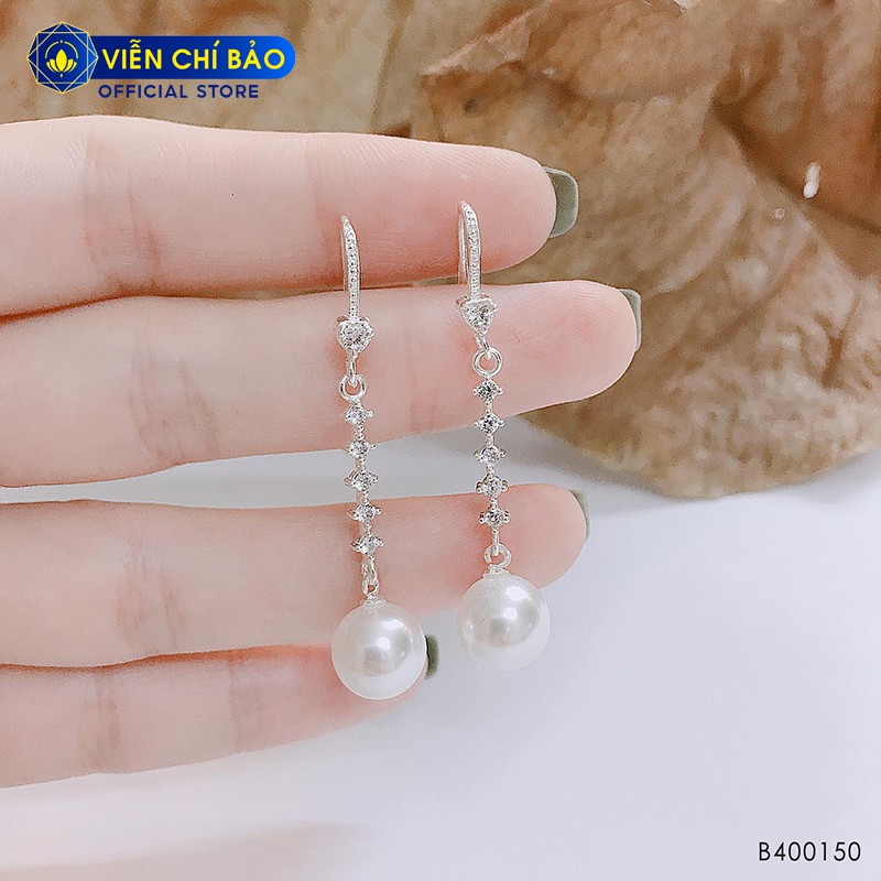 Bông tai bạc nữ Trái châu dạng thả đính đá chất liệu bạc 925 phụ kiện trang sức Viễn Chí Bảo B400150