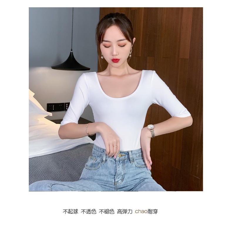 Áo thun tay lỡ cổ chữ U dáng rộng hở lưng màu trơn quyến rũ thời trang dành cho nữ