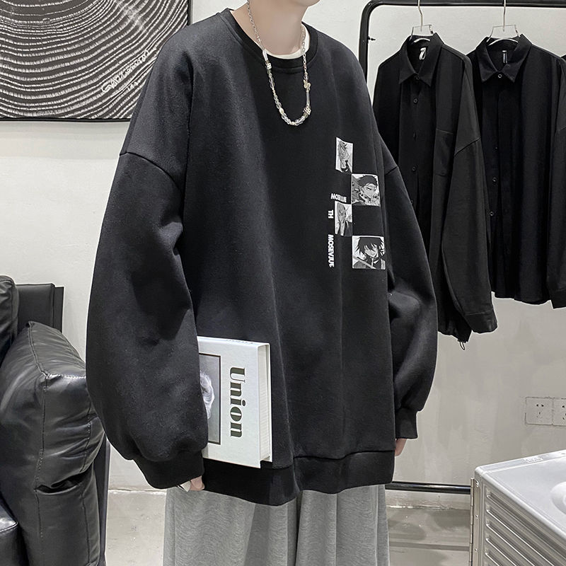 Áo hoodie cổ tròn in hình dáng rộng dài tay cho nam