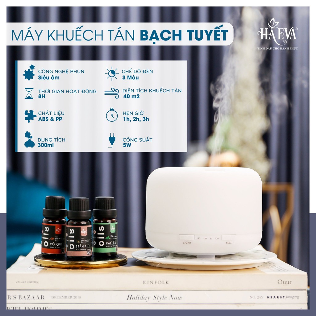 [FREESHIP & TẶNG TINH DẦU] Máy xông tinh dầu phòng ngủ Bạch Tuyết HAEVA Phun sương siêu mịn Dung tích 300ml BH 12 tháng