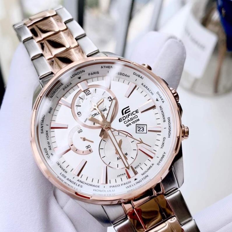 ĐỒNG HỒ NAM CHÍNH HÃNG Casio EFR-304SG-7AVUDF có viền kim loại màu đồng bao quanh nền số màu trắng trang nhã - VEUWATCH