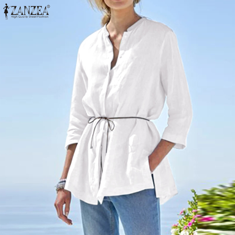 Áo Kiểu Nữ ZANZEA Cổ Đứng Tay Lỡ 3/4 Có Hàng Nút Thời Trang Thường Ngày