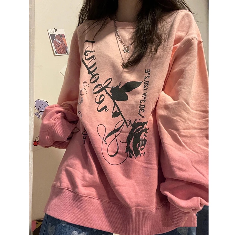 Áo sweater IELGY dáng rộng in hình hoa hồng thiết kế sành điệu