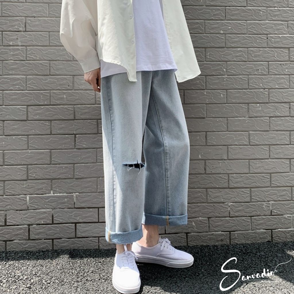 Quần Jeans dáng suông Quần nam ống rộng rách gối SANVADIO  thời trang năng động cá tính